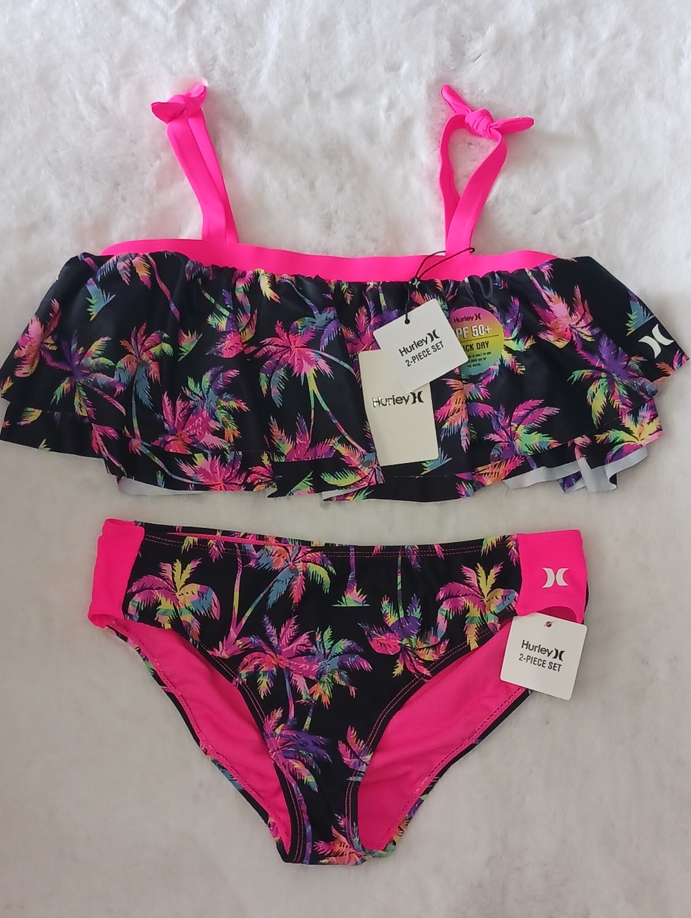 Hurley Girls Black Bikini with Neon Pink Tropical Print